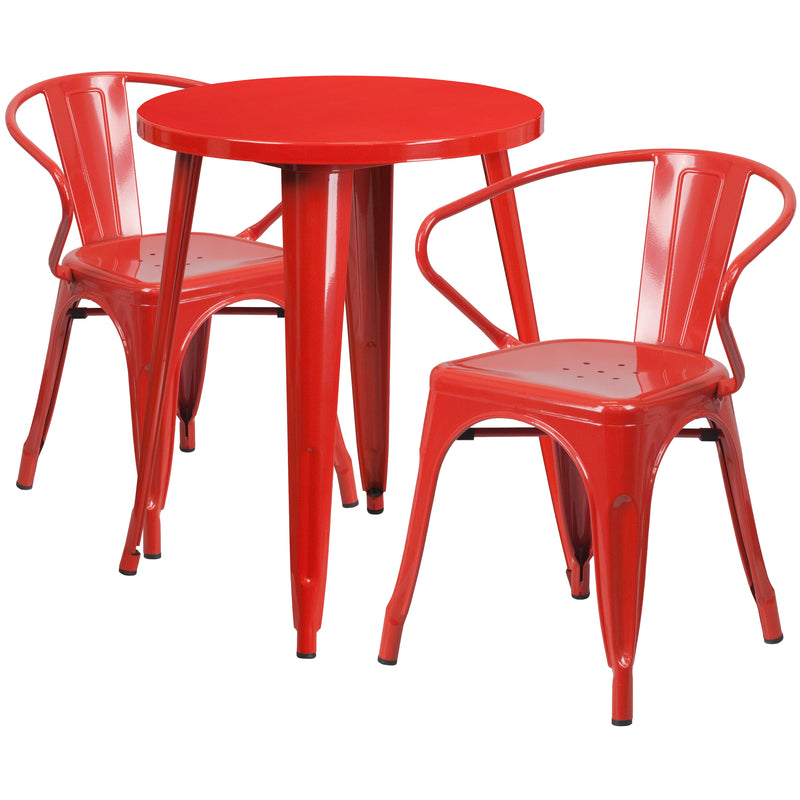 Commercial Grade 24" Round Red Metal Indoor-Outdoor Table Set with 2 Arm Chairs