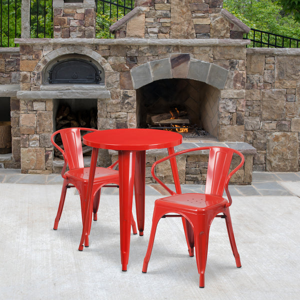 Commercial Grade 24" Round Red Metal Indoor-Outdoor Table Set with 2 Arm Chairs