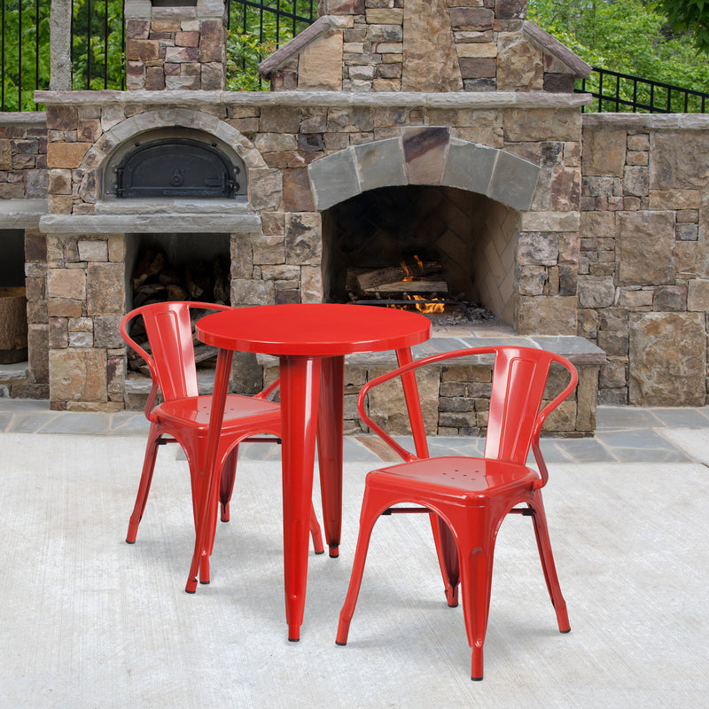 Commercial Grade 24" Round Red Metal Indoor-Outdoor Table Set with 2 Arm Chairs