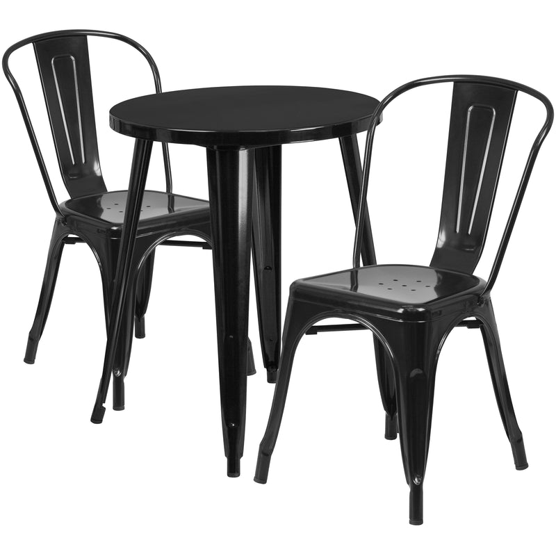 Commercial Grade 24" Round Black Metal Indoor-Outdoor Table Set with 2 Cafe Chairs