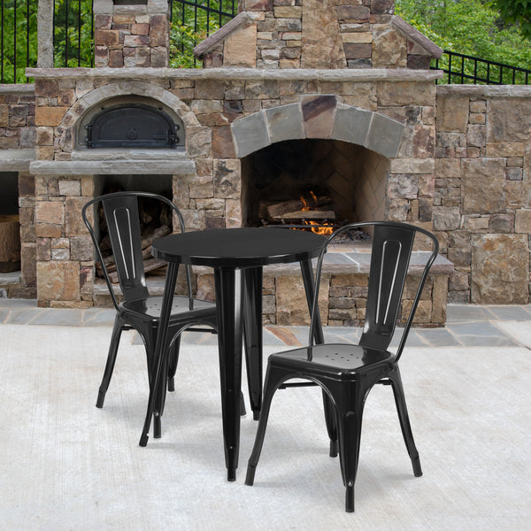 Commercial Grade 24" Round Black Metal Indoor-Outdoor Table Set with 2 Cafe Chairs