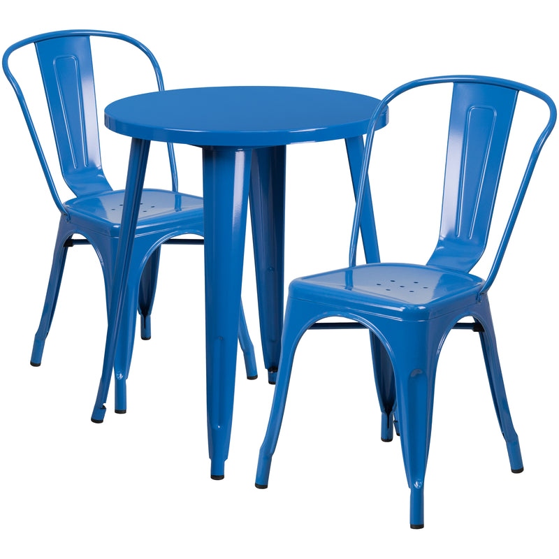 Commercial Grade 24" Round Blue Metal Indoor-Outdoor Table Set with 2 Cafe Chairs