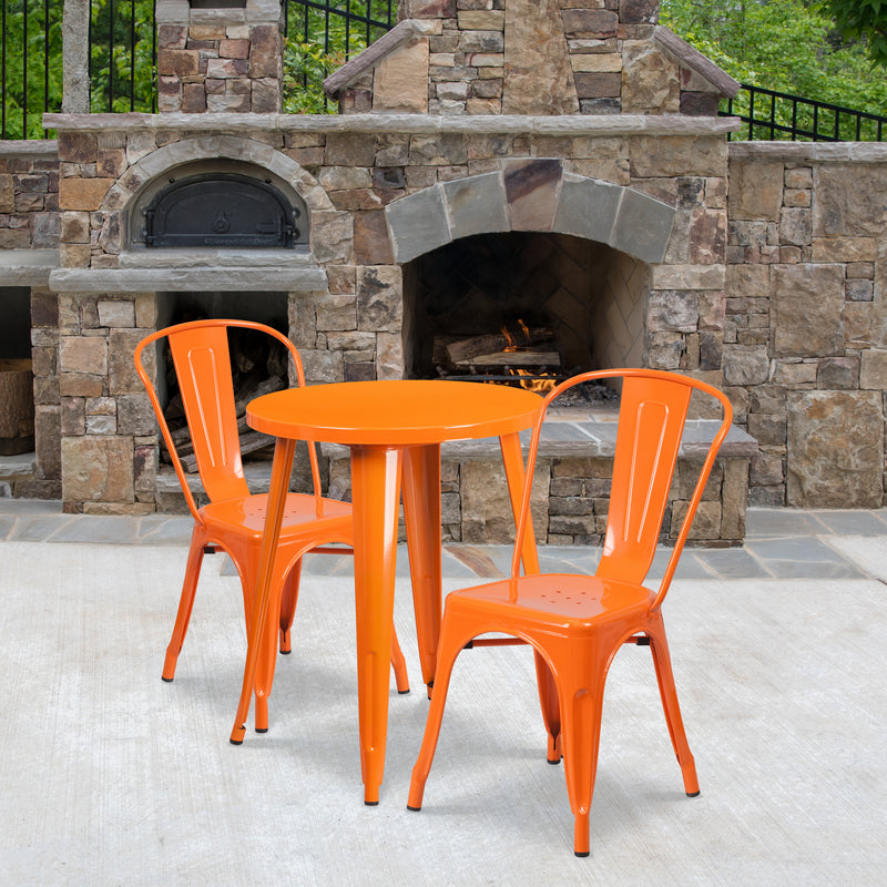 Commercial Grade 24" Round Orange Metal Indoor-Outdoor Table Set with 2 Cafe Chairs