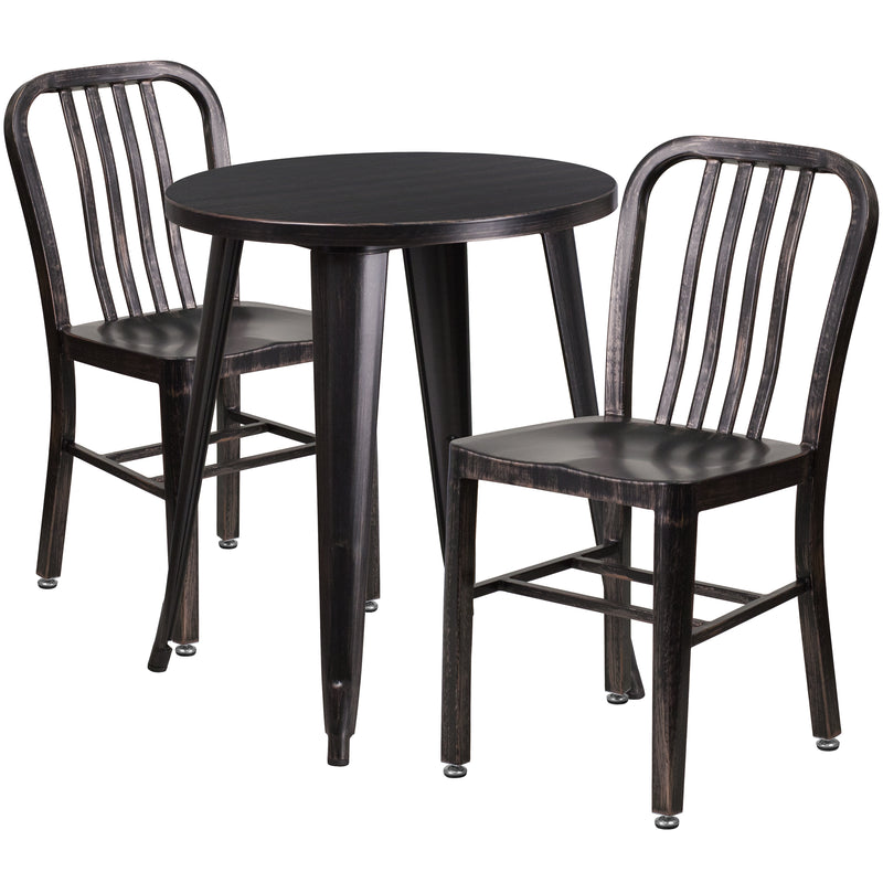 Commercial Grade 24" Round Black-Antique Gold Metal Indoor-Outdoor Table Set with 2 Vertical Slat Back Chairs