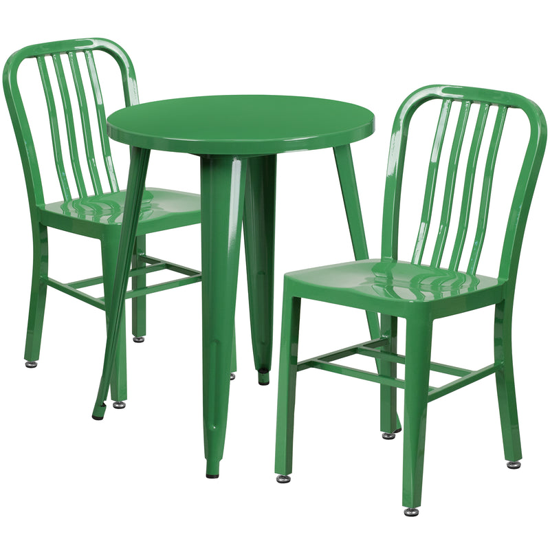 Commercial Grade 24" Round Green Metal Indoor-Outdoor Table Set with 2 Vertical Slat Back Chairs