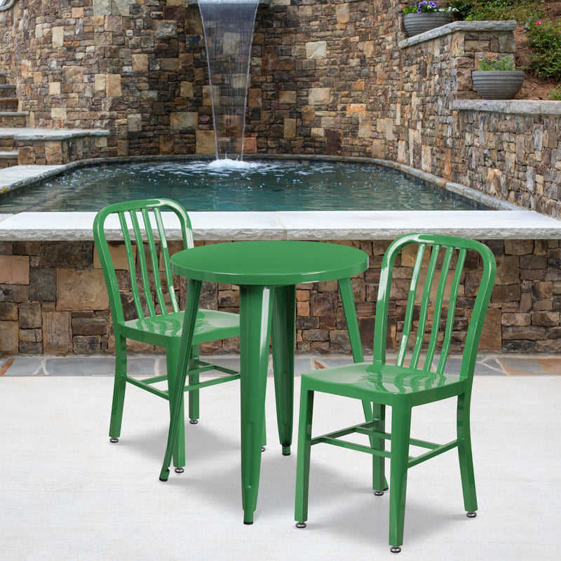 Commercial Grade 24" Round Green Metal Indoor-Outdoor Table Set with 2 Vertical Slat Back Chairs