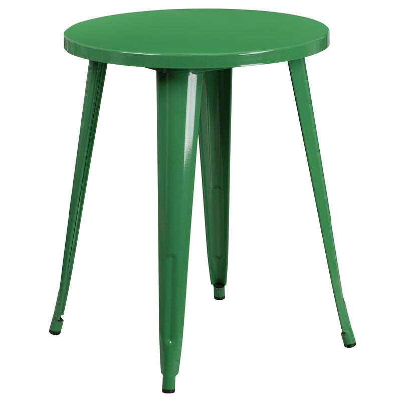 Commercial Grade 24" Round Green Metal Indoor-Outdoor Table Set with 2 Vertical Slat Back Chairs