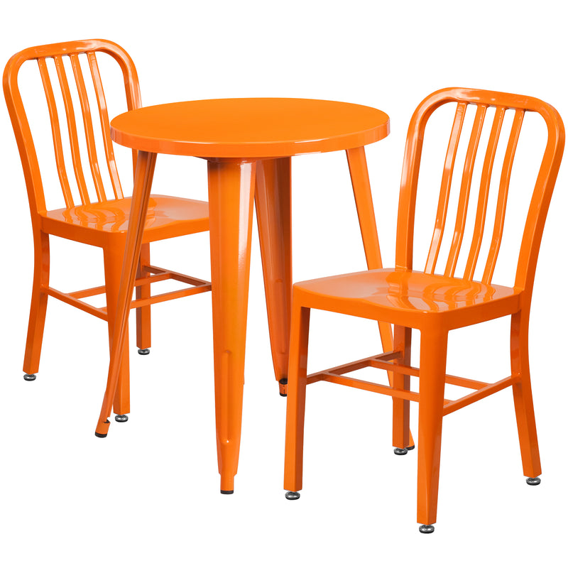 Commercial Grade 24" Round Orange Metal Indoor-Outdoor Table Set with 2 Vertical Slat Back Chairs