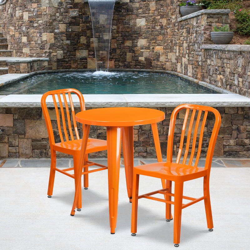 Commercial Grade 24" Round Orange Metal Indoor-Outdoor Table Set with 2 Vertical Slat Back Chairs