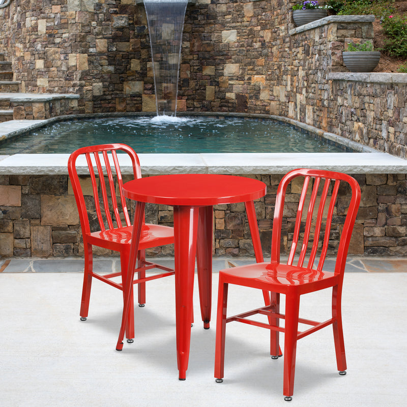 Commercial Grade 24" Round Red Metal Indoor-Outdoor Table Set with 2 Vertical Slat Back Chairs