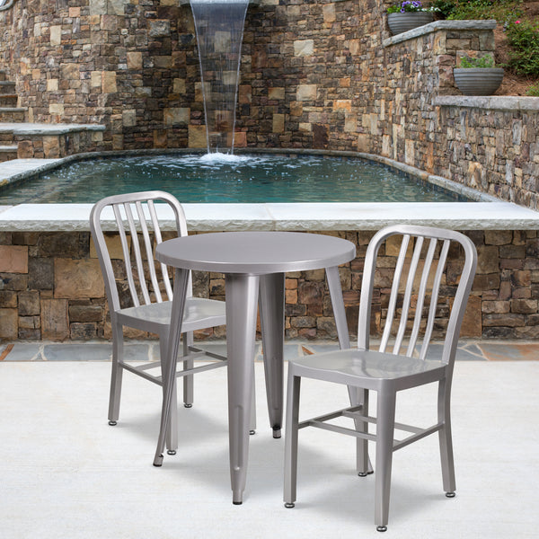 Commercial Grade 24" Round Silver Metal Indoor-Outdoor Table Set with 2 Vertical Slat Back Chairs