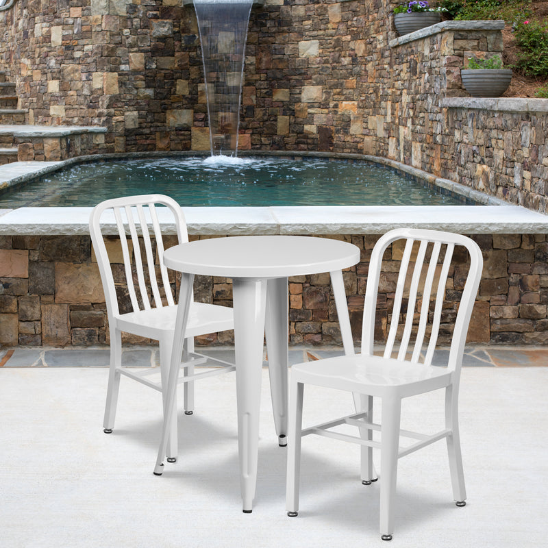 Commercial Grade 24" Round White Metal Indoor-Outdoor Table Set with 2 Vertical Slat Back Chairs