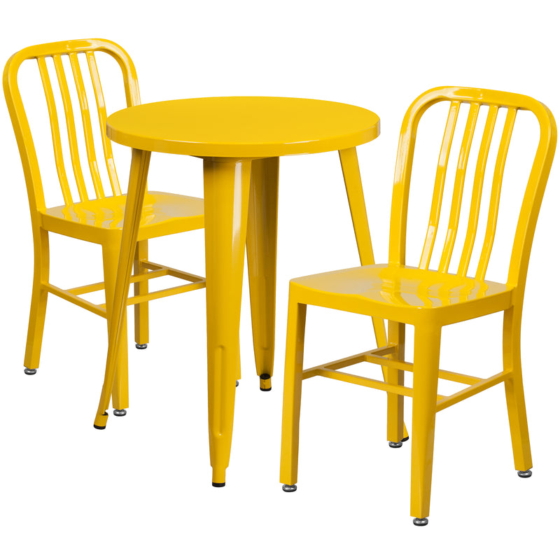 Commercial Grade 24" Round Yellow Metal Indoor-Outdoor Table Set with 2 Vertical Slat Back Chairs