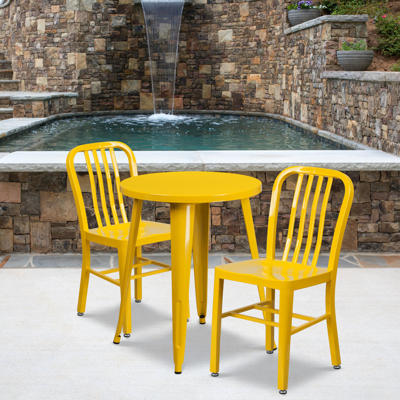 Commercial Grade 24" Round Yellow Metal Indoor-Outdoor Table Set with 2 Vertical Slat Back Chairs