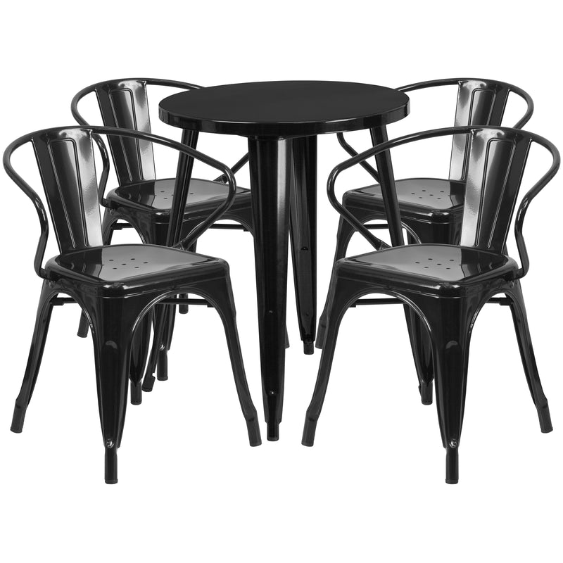 Commercial Grade 24" Round Black Metal Indoor-Outdoor Table Set with 4 Arm Chairs