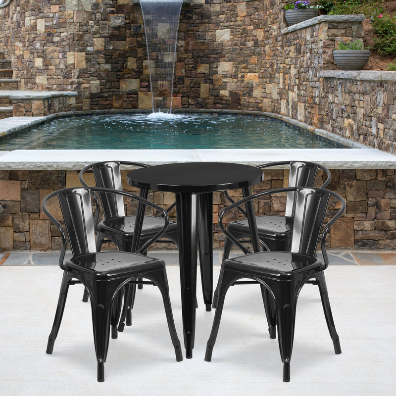 Commercial Grade 24" Round Black Metal Indoor-Outdoor Table Set with 4 Arm Chairs