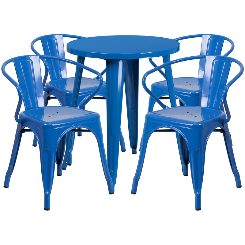 Commercial Grade 24" Round Blue Metal Indoor-Outdoor Table Set with 4 Arm Chairs