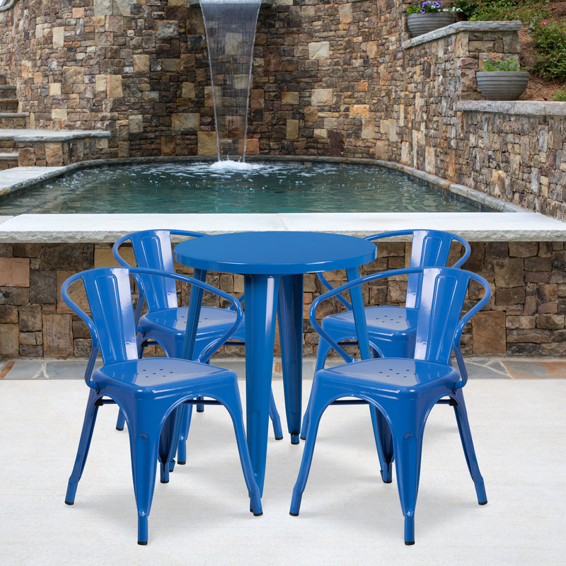 Commercial Grade 24" Round Blue Metal Indoor-Outdoor Table Set with 4 Arm Chairs