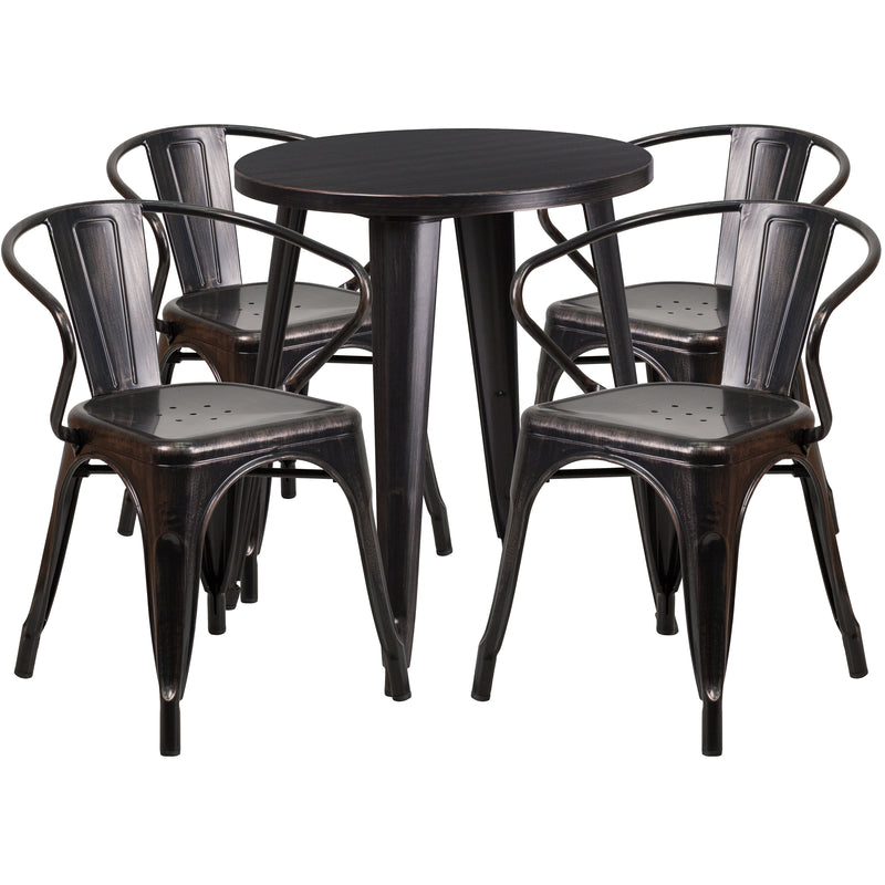 Commercial Grade 24" Round Black-Antique Gold Metal Indoor-Outdoor Table Set with 4 Arm Chairs