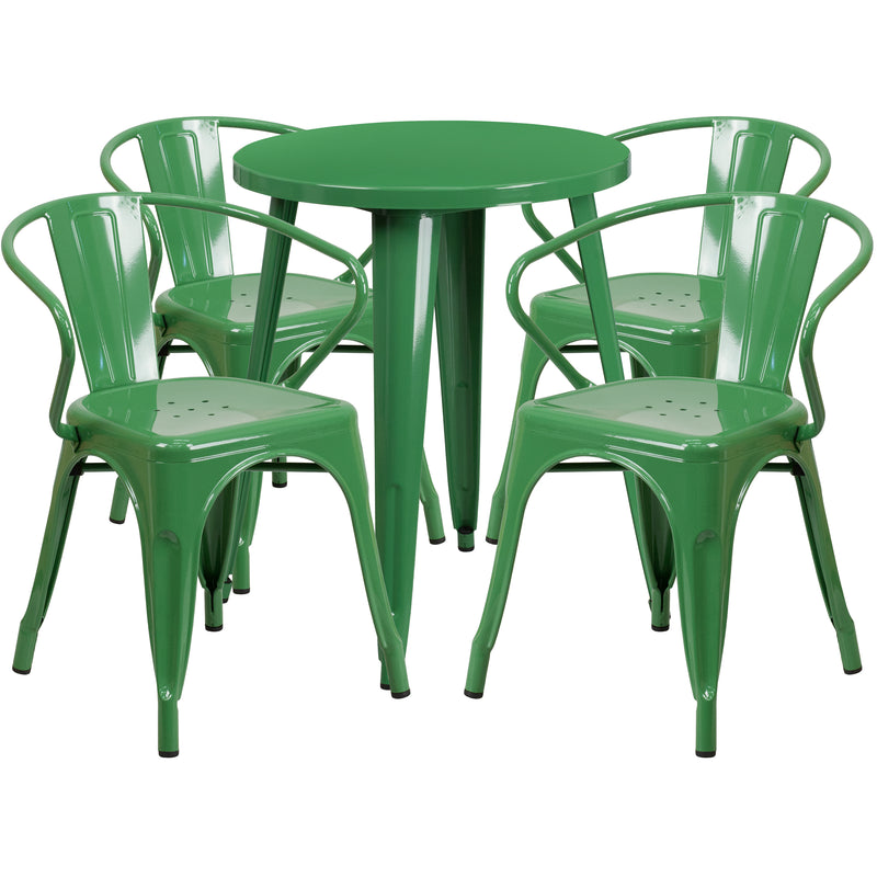 Commercial Grade 24" Round Green Metal Indoor-Outdoor Table Set with 4 Arm Chairs