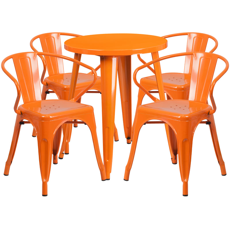 Commercial Grade 24" Round Orange Metal Indoor-Outdoor Table Set with 4 Arm Chairs