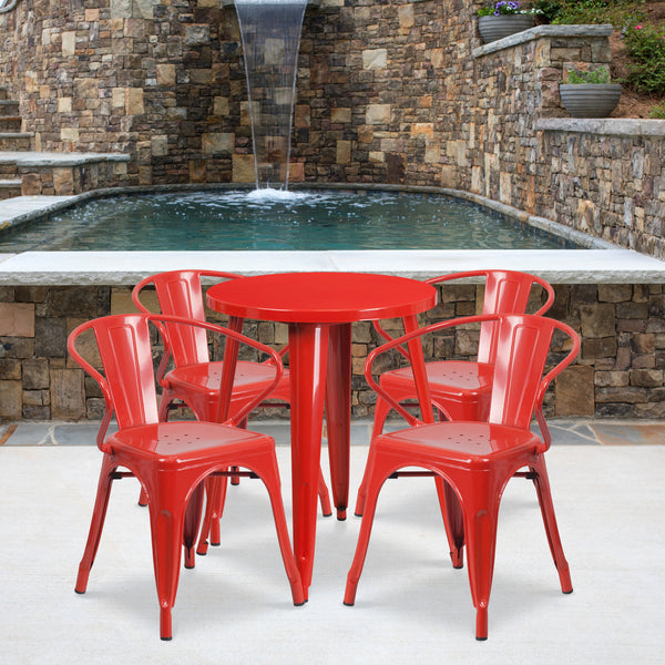 Commercial Grade 24" Round Red Metal Indoor-Outdoor Table Set with 4 Arm Chairs