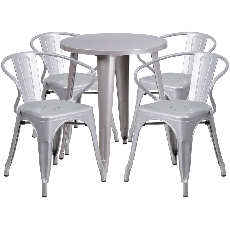 Commercial Grade 24" Round Silver Metal Indoor-Outdoor Table Set with 4 Arm Chairs