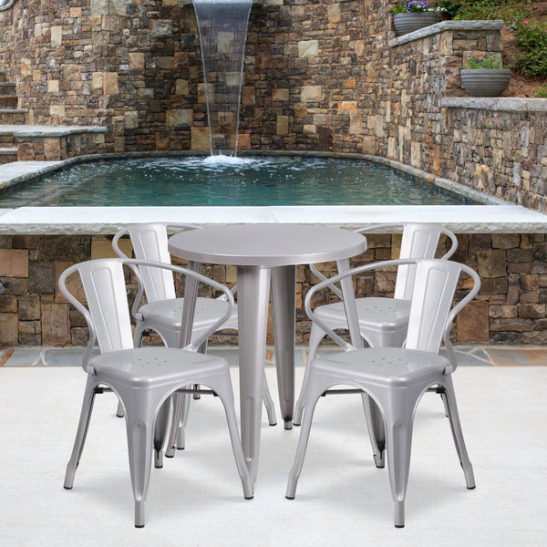 Commercial Grade 24" Round Silver Metal Indoor-Outdoor Table Set with 4 Arm Chairs