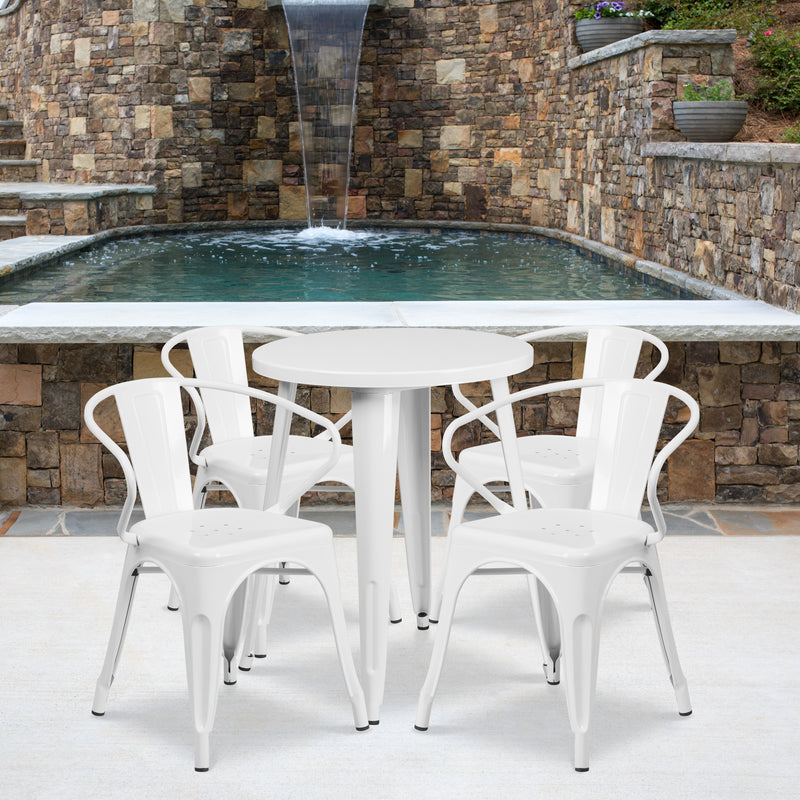 Commercial Grade 24" Round White Metal Indoor-Outdoor Table Set with 4 Arm Chairs