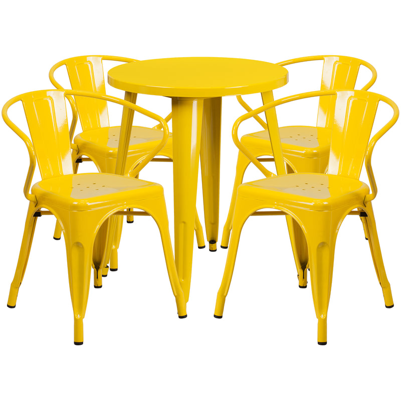 Commercial Grade 24" Round Yellow Metal Indoor-Outdoor Table Set with 4 Arm Chairs