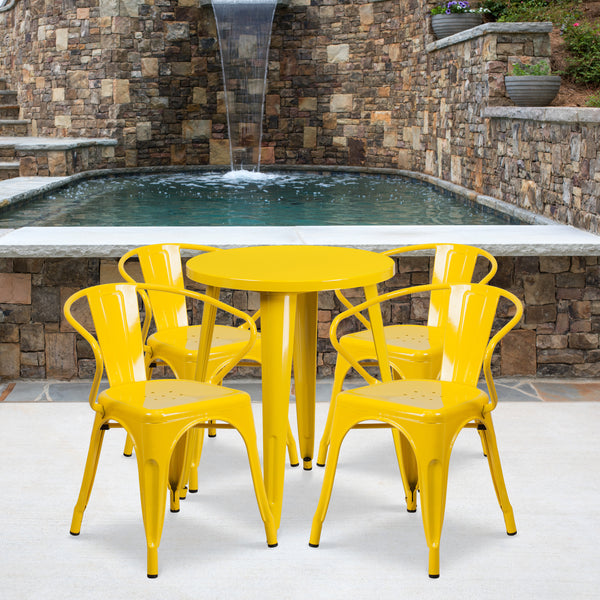 Commercial Grade 24" Round Yellow Metal Indoor-Outdoor Table Set with 4 Arm Chairs