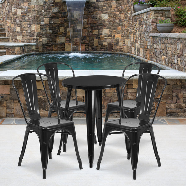 Commercial Grade 24" Round Black Metal Indoor-Outdoor Table Set with 4 Cafe Chairs