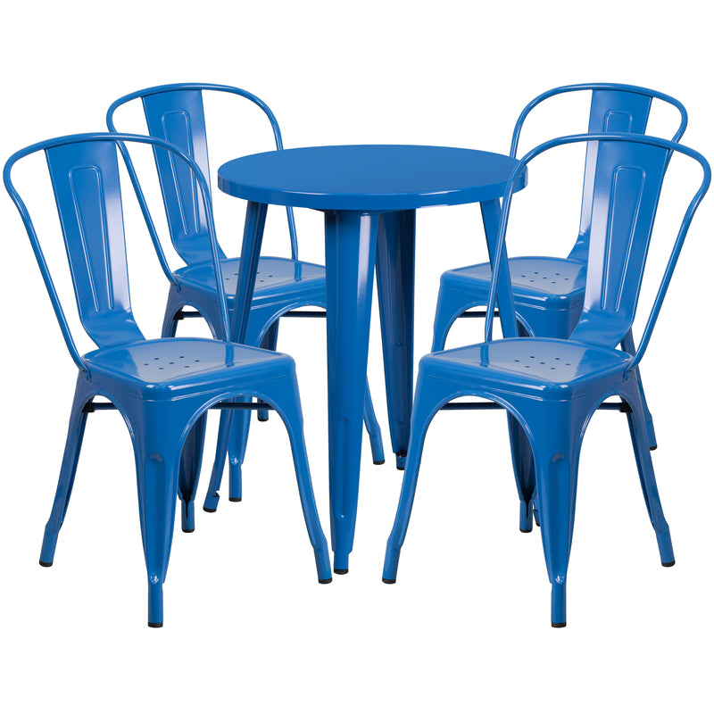 Commercial Grade 24" Round Blue Metal Indoor-Outdoor Table Set with 4 Cafe Chairs