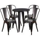 Commercial Grade 24" Round Black-Antique Gold Metal Indoor-Outdoor Table Set with 4 Cafe Chairs