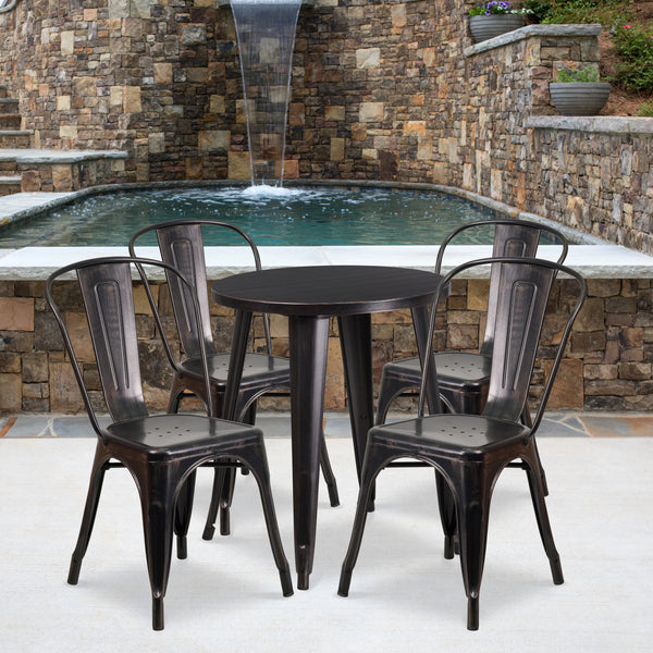 Commercial Grade 24" Round Black-Antique Gold Metal Indoor-Outdoor Table Set with 4 Cafe Chairs