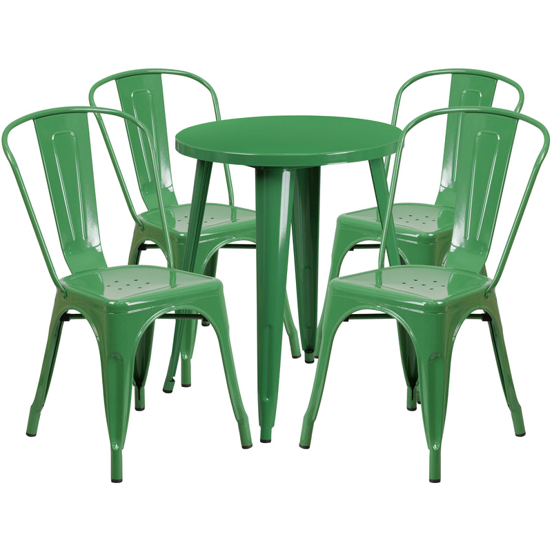 Commercial Grade 24" Round Green Metal Indoor-Outdoor Table Set with 4 Cafe Chairs