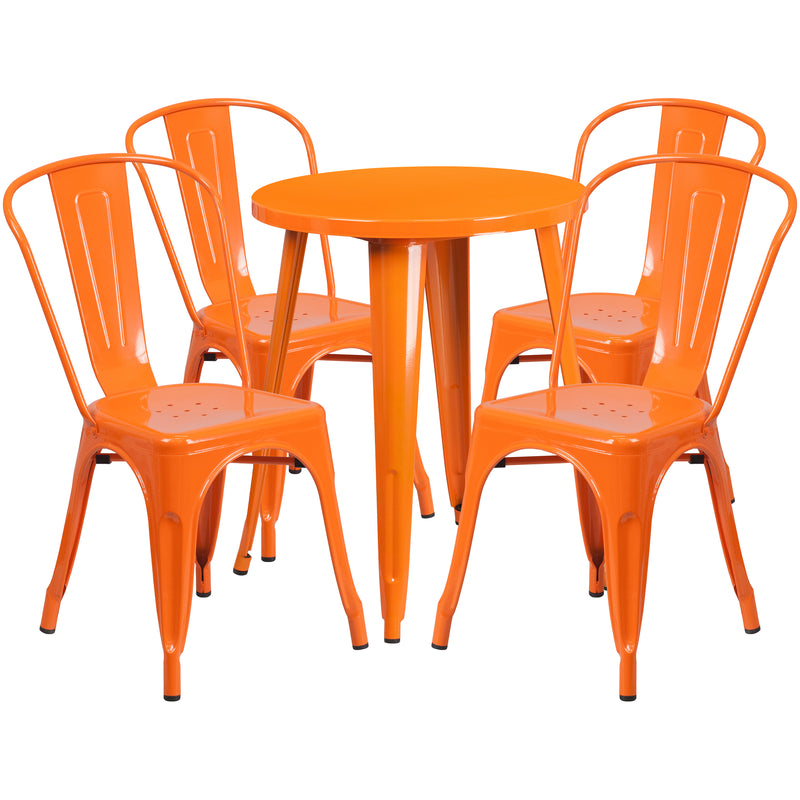 Commercial Grade 24" Round Orange Metal Indoor-Outdoor Table Set with 4 Cafe Chairs