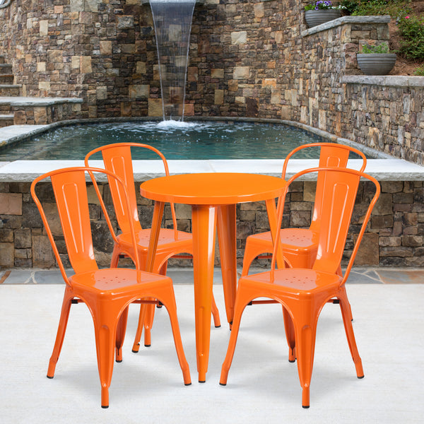 Commercial Grade 24" Round Orange Metal Indoor-Outdoor Table Set with 4 Cafe Chairs