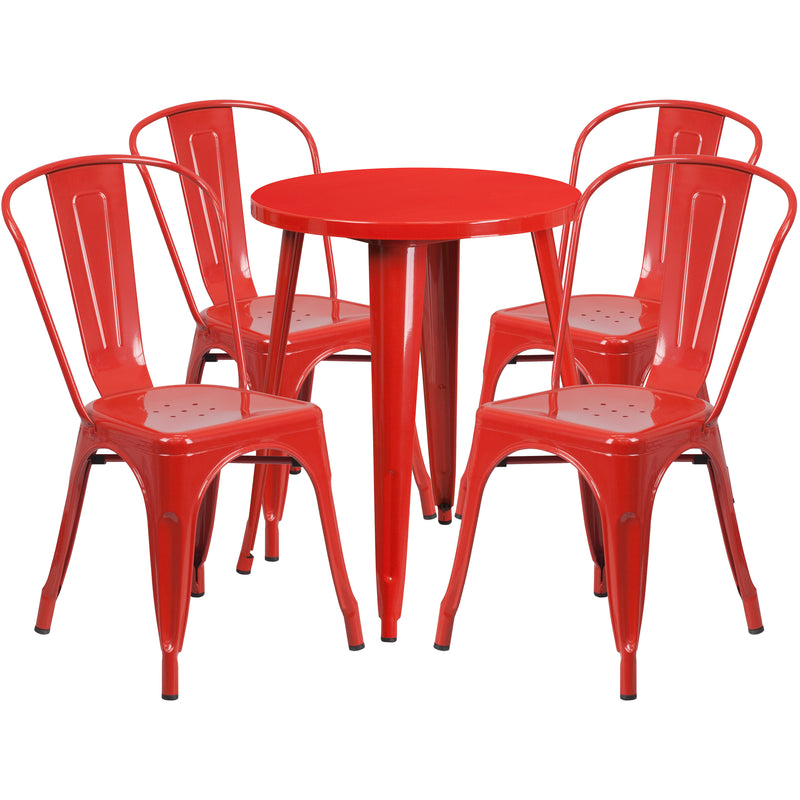 Commercial Grade 24" Round Red Metal Indoor-Outdoor Table Set with 4 Cafe Chairs