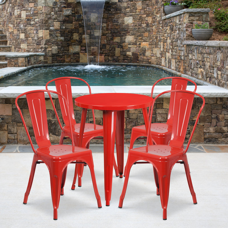 Commercial Grade 24" Round Red Metal Indoor-Outdoor Table Set with 4 Cafe Chairs