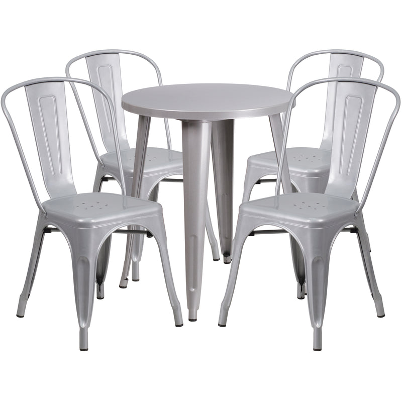 Commercial Grade 24" Round Silver Metal Indoor-Outdoor Table Set with 4 Cafe Chairs