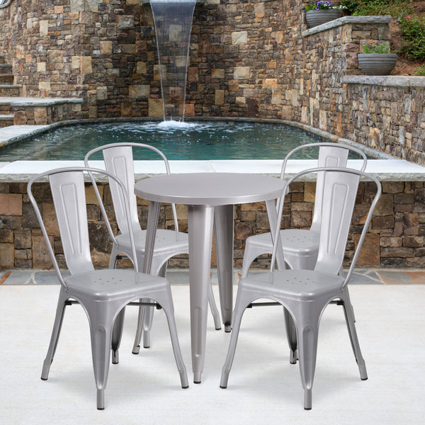 Commercial Grade 24" Round Silver Metal Indoor-Outdoor Table Set with 4 Cafe Chairs