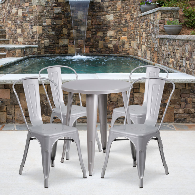 Commercial Grade 24" Round Silver Metal Indoor-Outdoor Table Set with 4 Cafe Chairs