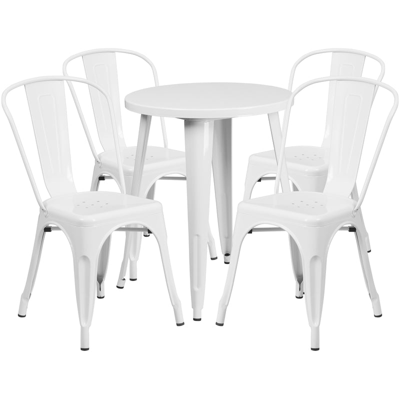 Commercial Grade 24" Round White Metal Indoor-Outdoor Table Set with 4 Cafe Chairs