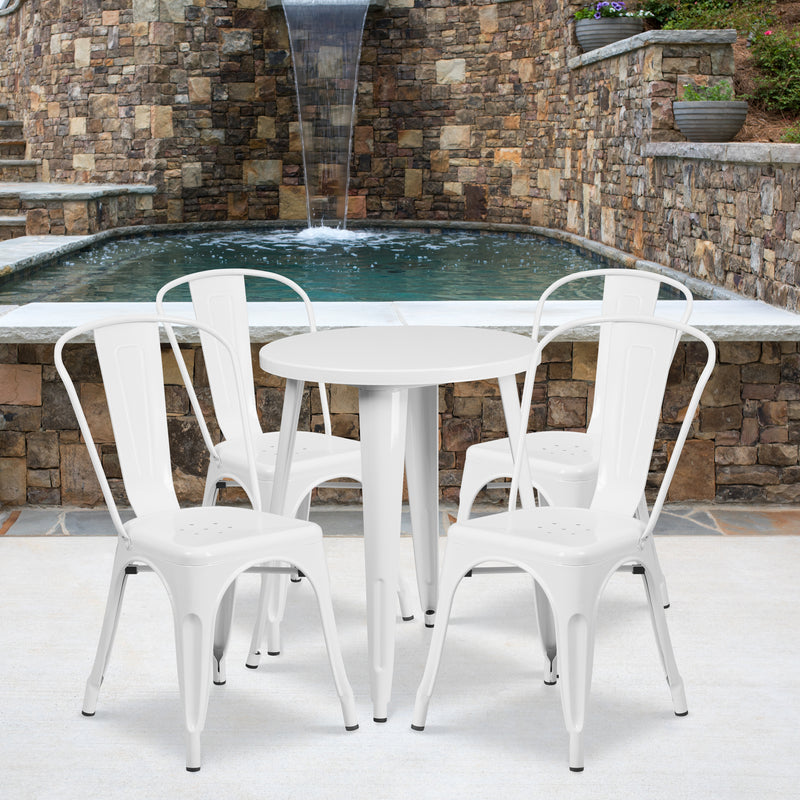 Commercial Grade 24" Round White Metal Indoor-Outdoor Table Set with 4 Cafe Chairs