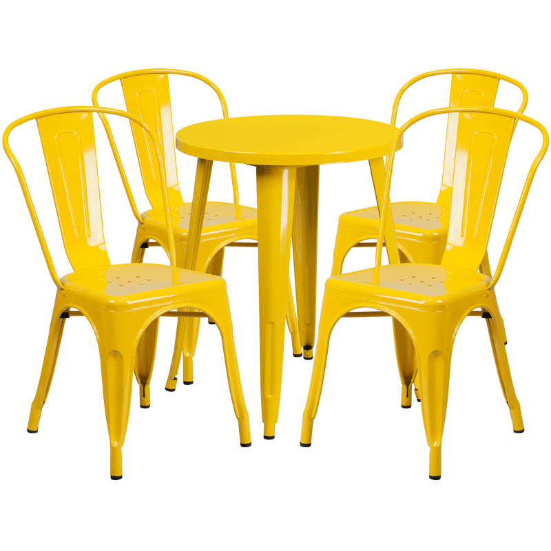 Commercial Grade 24" Round Yellow Metal Indoor-Outdoor Table Set with 4 Cafe Chairs