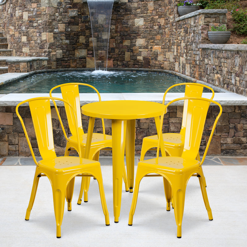 Commercial Grade 24" Round Yellow Metal Indoor-Outdoor Table Set with 4 Cafe Chairs