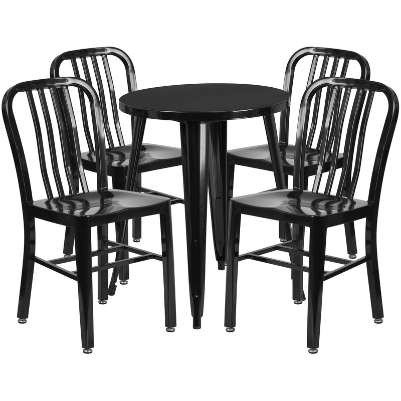 Commercial Grade 24" Round Black Metal Indoor-Outdoor Table Set with 4 Vertical Slat Back Chairs