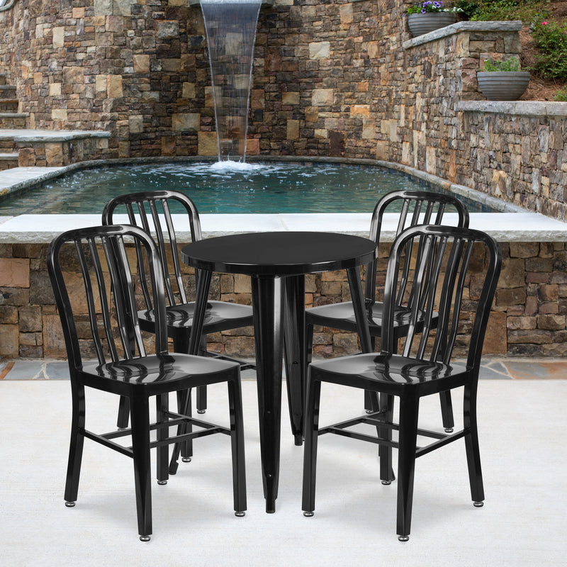 Commercial Grade 24" Round Black Metal Indoor-Outdoor Table Set with 4 Vertical Slat Back Chairs