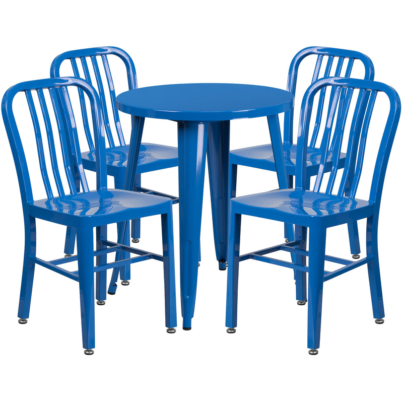 Commercial Grade 24" Round Blue Metal Indoor-Outdoor Table Set with 4 Vertical Slat Back Chairs